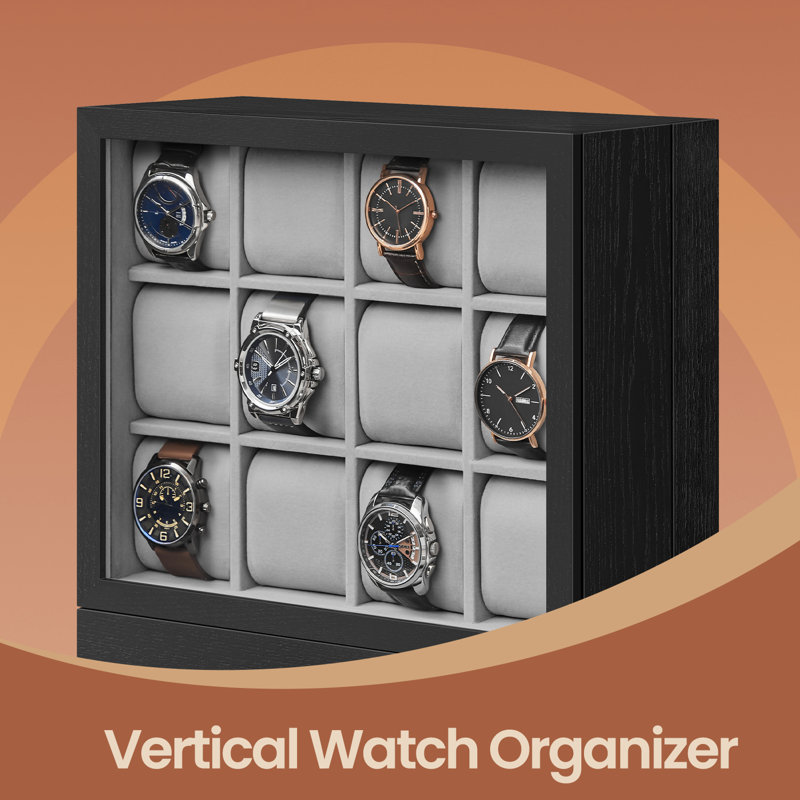 Boîte à montre à 12 emplacements, boîte à montre avec fenêtre en verre, idée cadeau, Noir ébène