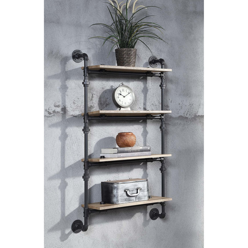 Étagère murale à 4 niveaux en chêne et noir sableux, structure en métal pour solution de rangement, tablette L 23 po, hauteur du produit 47 po, décoration élégante, l 9 po x P 52 po