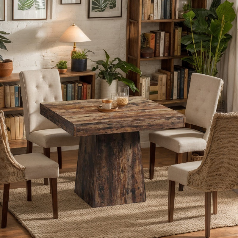 Petite table carrée pour 4 personnes, table de cuisine de style industriel/ferme avec pied central robuste, Brun rétro