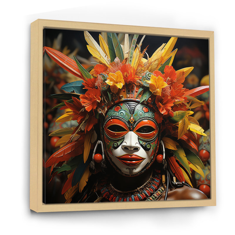 Danse des masques d'Afrique II - décoration murale masque africain, H 16 po x l 16 po x P 1 po, Cadre flottant brun