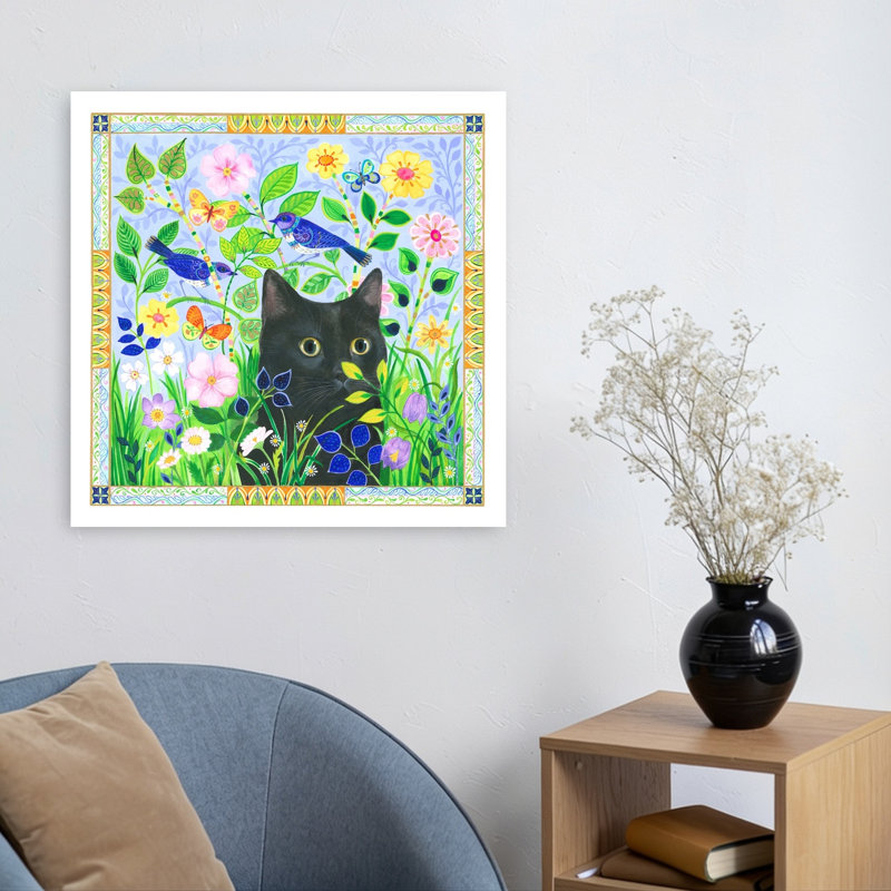 Black Cat In Jewelled Garden Colorful Playful Vibrant Butterfly Bird Cat Flower Nature Wall Art Print 1 Piece Wrapped Canvas Wall Art