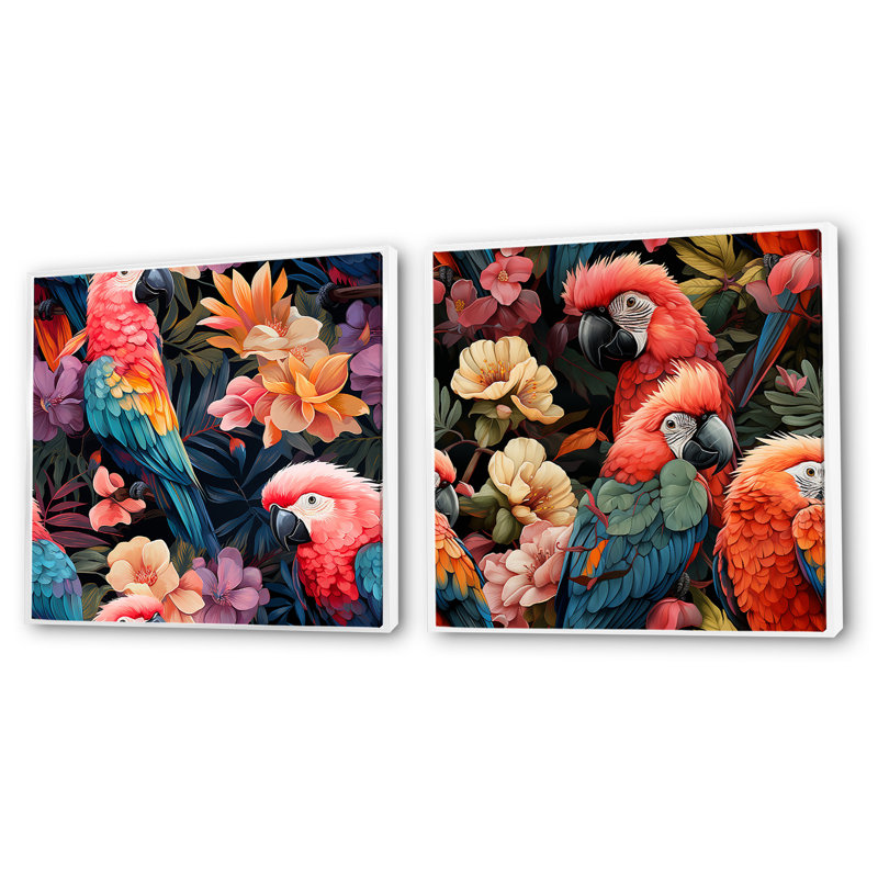 Parrot Haven - motif tropical - ensemble de 2 collages carrés tropicaux, Cadre flottant blanc, H 16 po x l 33 po