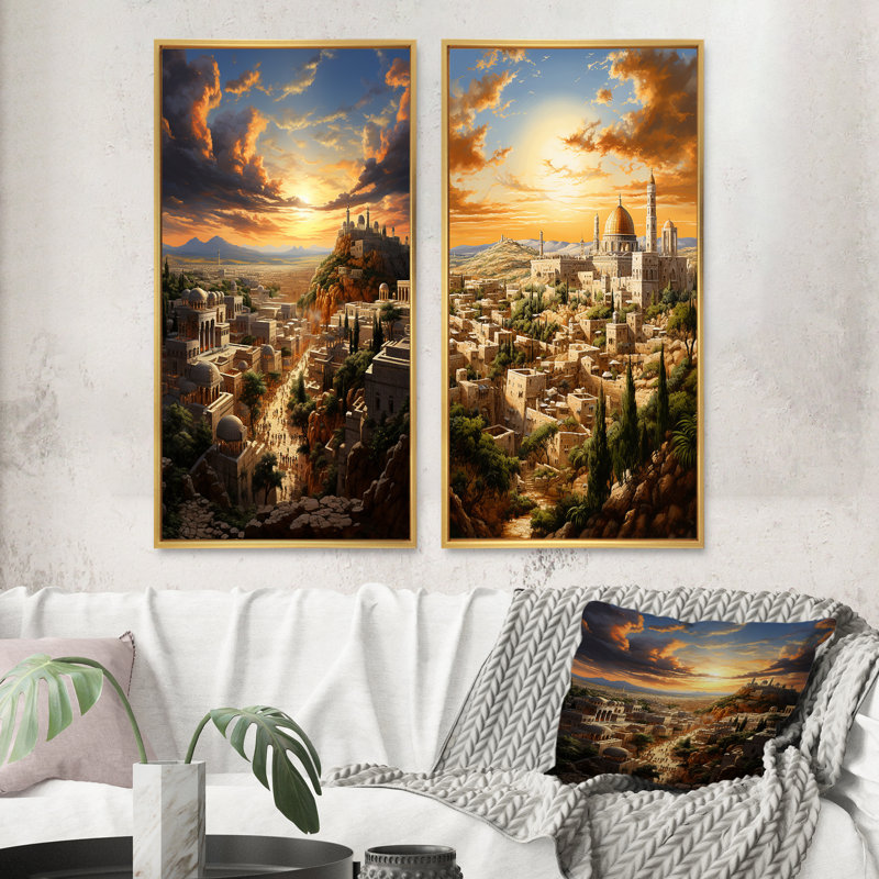 Judaïsme, paysage urbain de Jérusalem "Judaïsme, paysage urbain de Jérusalem", 2 pièces, Encadrement doré, H 32 po x l 32 po
