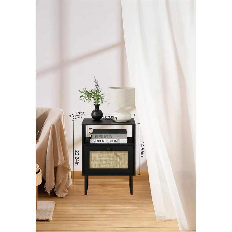 Bohemian Farmhouse Rattan Nightstand, Black