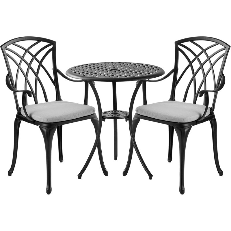 3 Piece  Cast Aluminum Outdoor Bistro Table and Chairs Set of 2 with Cushion,Patio Bistro Sets with 1.97" Umbrella Hole for Garden,Black