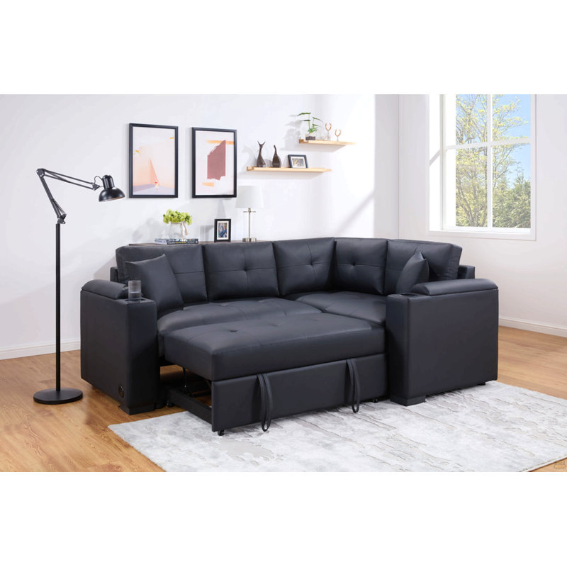 Canapé-lit modulaire en tissu de PVC noir l 84,5 po avec chargeur USB, porte-gobelets, accoudoirs de rangement