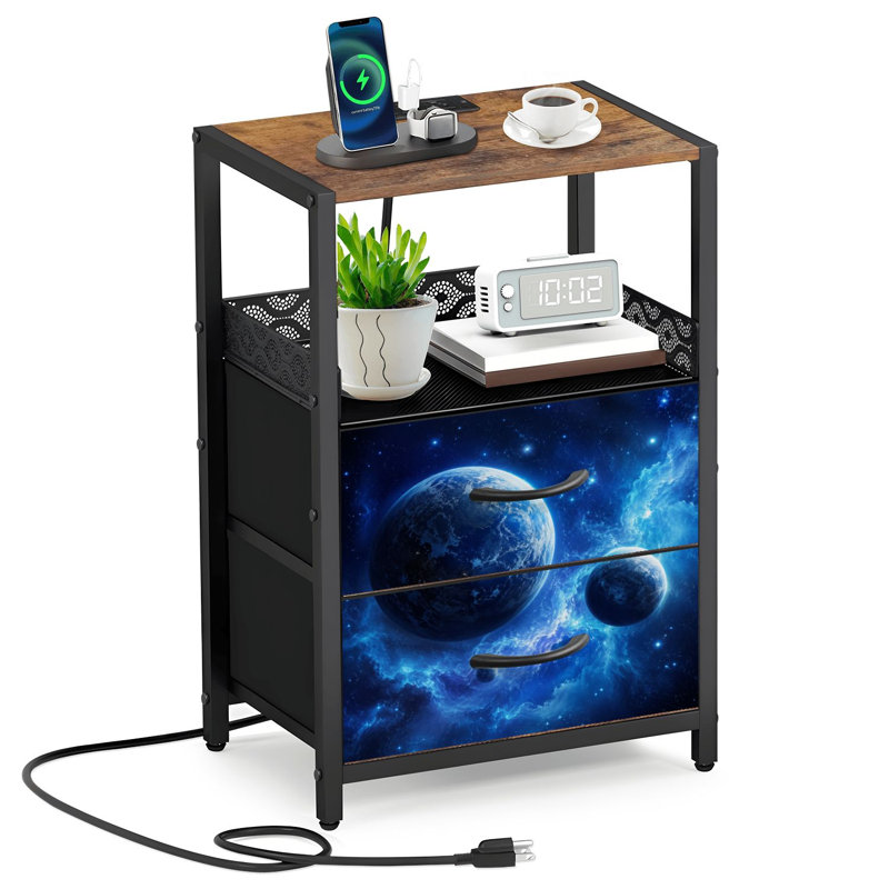 Table de chevet 2 tiroirs en tissu avec station de charge Cosmic Blue Galaxy