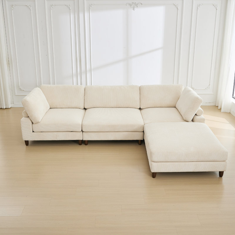 4-Piece Sofa With Ottoman, White Corduroy