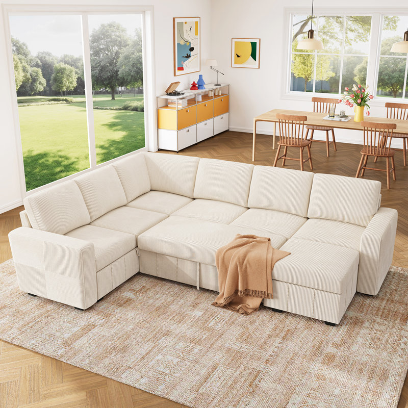 Abramson U-Shaped Corduroy Modular Sofa Bed with Storage, Beige Corduroy