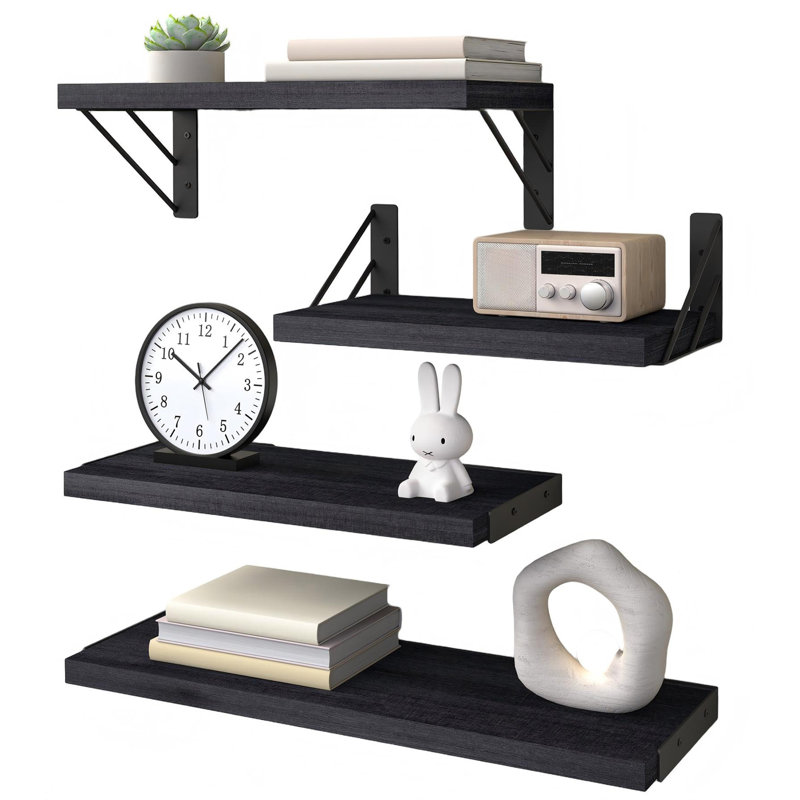 Ensemble de 4 tablettes flottantes en bois massif, tablettes de rangement murales rustiques pour salle de bain, cuisine, chambre à coucher et bureau