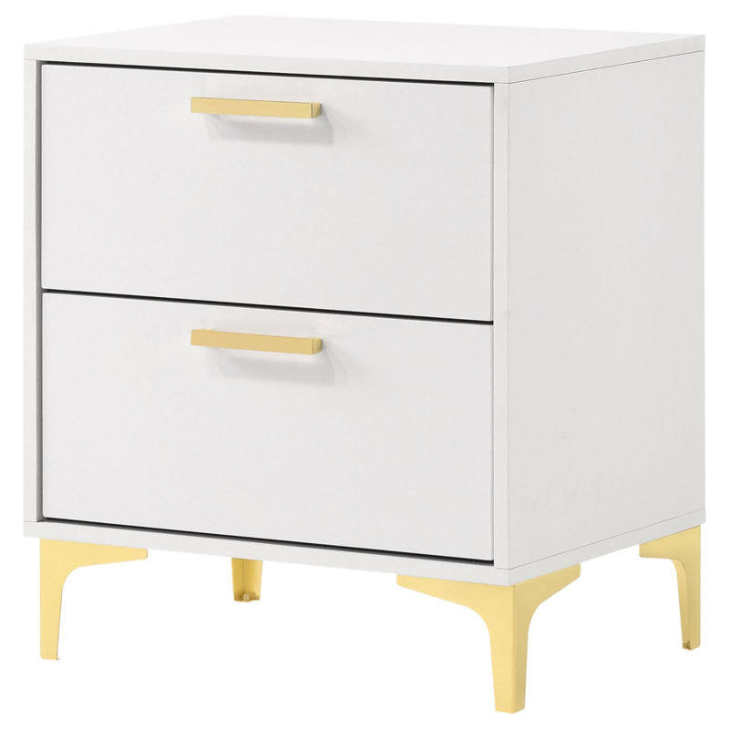 Gold 2-Drawer Rectangular Nightstand, White