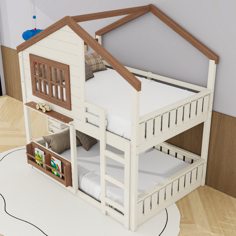 Wood Floor Bunk Bed With Bookshelf And Guardrails, Beige/Natural, Full Over Full