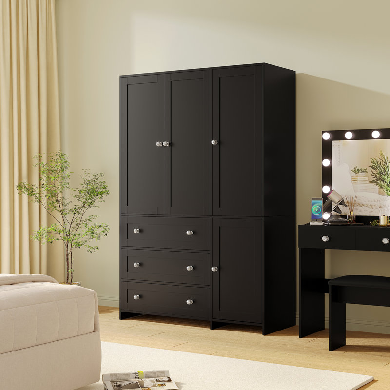 Wardrobe Closet With 3 Drawers And Mirrior, Black