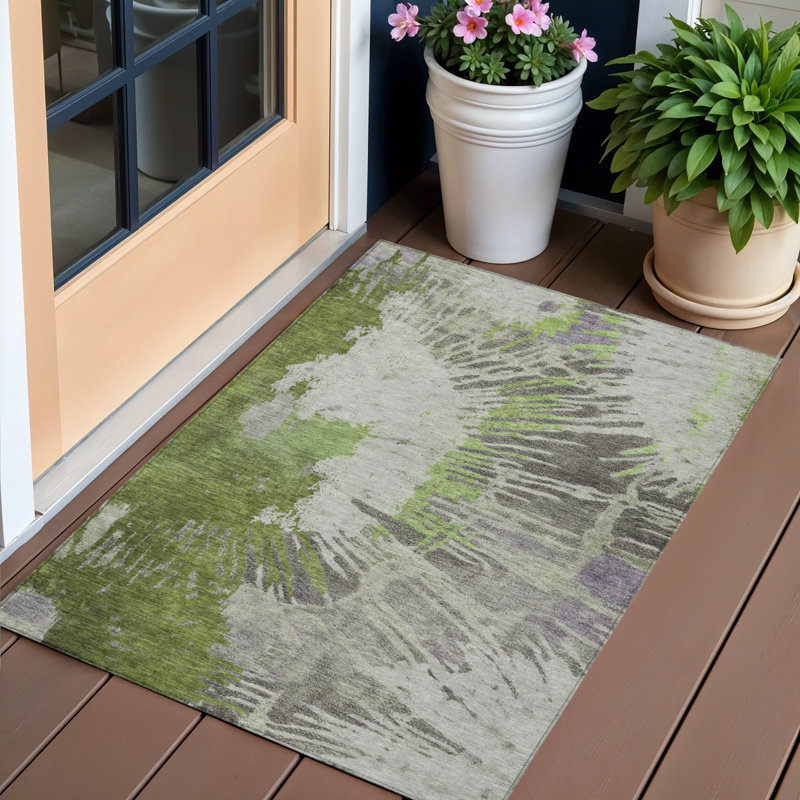 HomeRoots 3' X 5' Olive Green Artichoke Green And Fern Green Abstract Washable Indoor Outdoor Area Rug