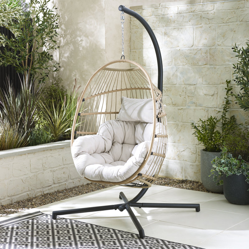 Kouts Cosy Rattan Weave Hanging Egg Chair Garden With Cushion - Contemporary Modern Design, Cream