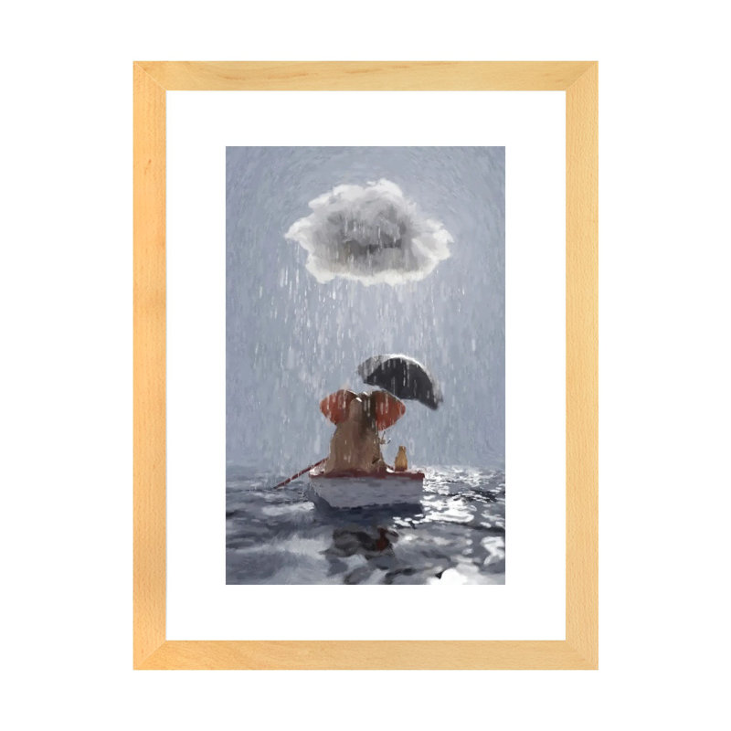 "Un éléphant et un chien flottant dans un bateau dans la pluie III" par Mike Kiev, reproduction d’art, Papier bois naturel