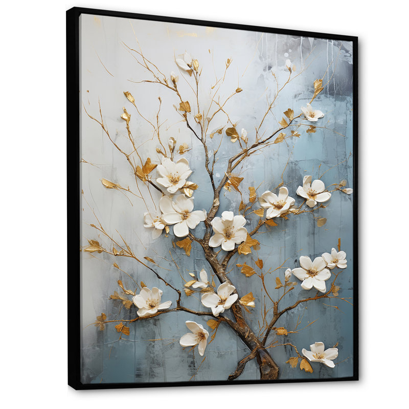 «Peacefulness White Blue Dogwood I» - art mural cornouiller, H 40 po x l 30 po x P 1,5 po, Cadre flottant noir