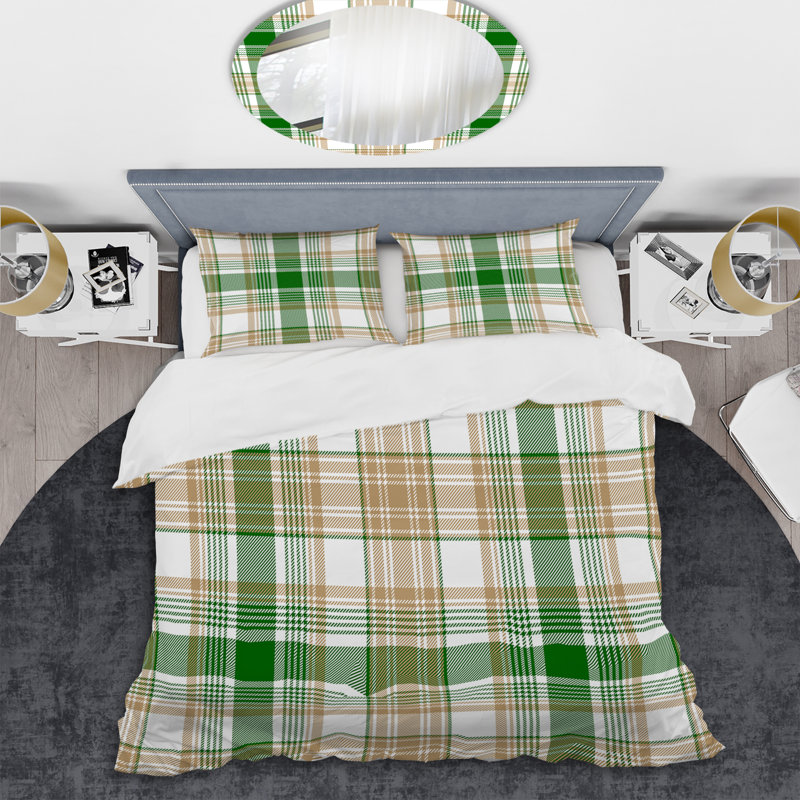 Green and White Checked Tartan Polyester Plaid Duvet Cover Set, Twin Duvet Cover + 2 Standard Shams