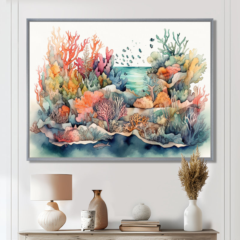 «Vibrant Coral Reef II - Modern Beach», reproduction sur toile encadrée, H 12 po x l 20 po x P 1 po, Encadrement argenté