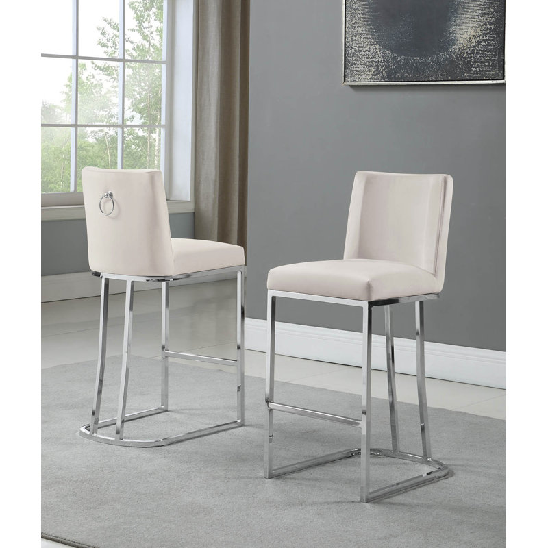 Aurrin Velvet Upholstered Bar & Counter Stool, Counter Stool (26” Seat Height), Silver, Cream