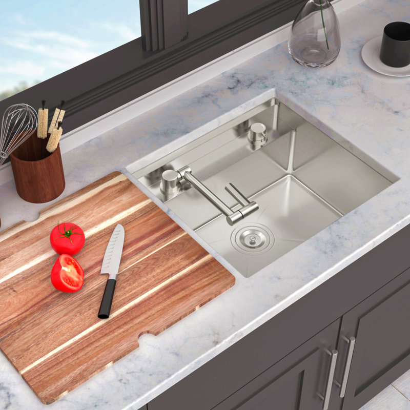 Évier de cuisine encastrable 21 po avec robinet pliable et planche à découper - Évier de préparation de bar 21 po x 19 po en acier inoxydable