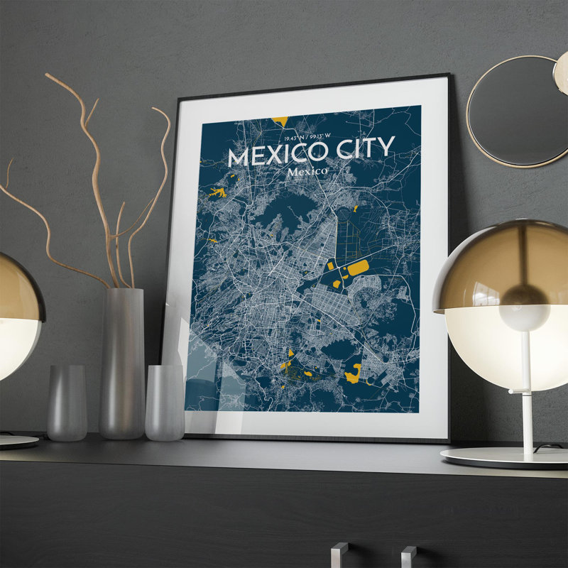 «Mexico City Map», impression, H 24 po x l 18 po, Bleu / Jaune