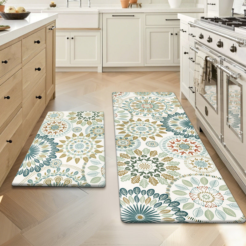 Jalissia Anti-Fatigue Non-Skid Kitchen Mat, Runner 18" x 30" + 18" x 48", Brown/White/Green/Blue