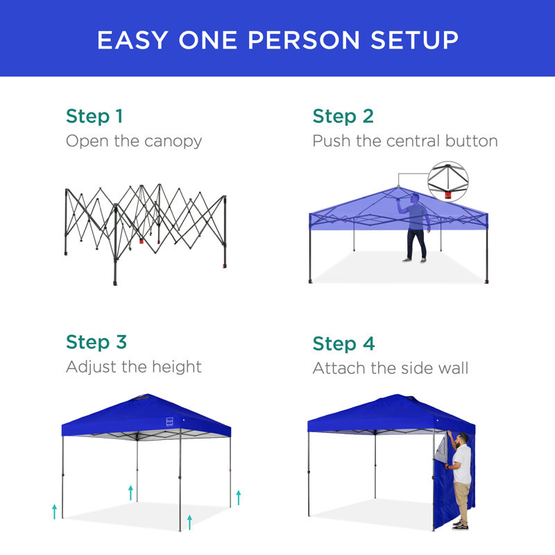 10X10ft Easy Setup Pop Up Canopy, Portable Tent W/ Side Wall, 1-Button Push, Case, Resort Blue