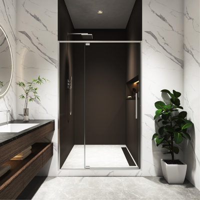 Pivot Shower Door 44 - 48"W X 74"H, 5/16" Tempered Glass, Brushed Nickel Finish, Outside Opening, 105 Degree Limit, Automatic Rebound Shaft Clamp, Simple Setup, 4 Inch Adjustability, 304 Stainless