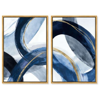 Indigo Swirl Diptych Canvas Print Sage Gold Wall Art Set by Art Remedy, Black Frame, 10 x 15