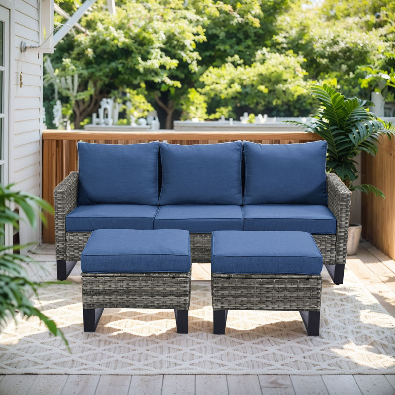 Naresa 3-Piece Outdoor Wicker Sofa Set  3-Seat Rattan Sofa & Ottomans Set, Blue