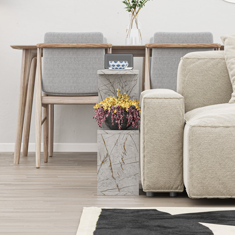 Barbara Side Table Modern 2-Tier Design with Storage Compartments, Grey Marble