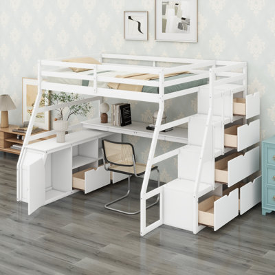 Loft Bed with Built-in Desk, Drawers and Shelves