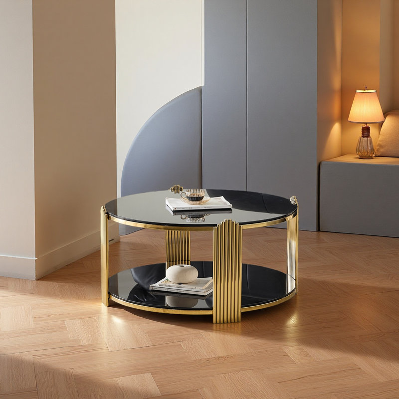 Table basse de 35 pouces, table de salon en verre trempé double couche et structure en acier inoxydable