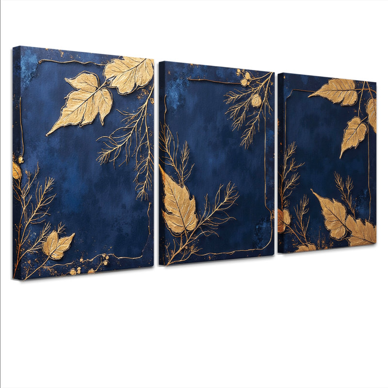 Feuille d'or et branches dorées, impression abstraite bleu marine sur toile (ensemble de 3), H 36 po x l 72 po