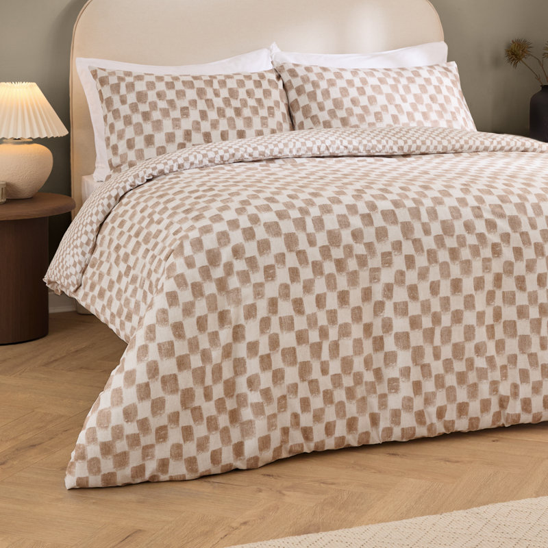 Nyhavn Cotton Blend Chequered Duvet Cover Set with Pillowcases Included, Brown, Double Duvet Cover + 2 Standard Pillowcases