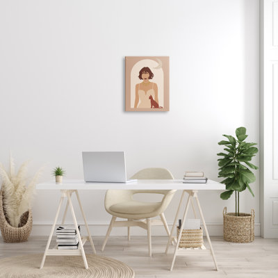 «Woman and Cat Arch Shape Cutout Moon Motif» par Birch & Ink - impression sur toile tendue