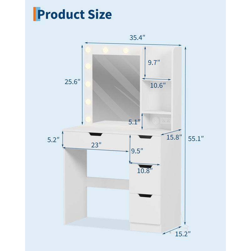 Meuble-lavabo 35 po avec lumières miroir, 4 tiroirs et multiprise, éclairage réglable pour la chambre à coucher, Blanc