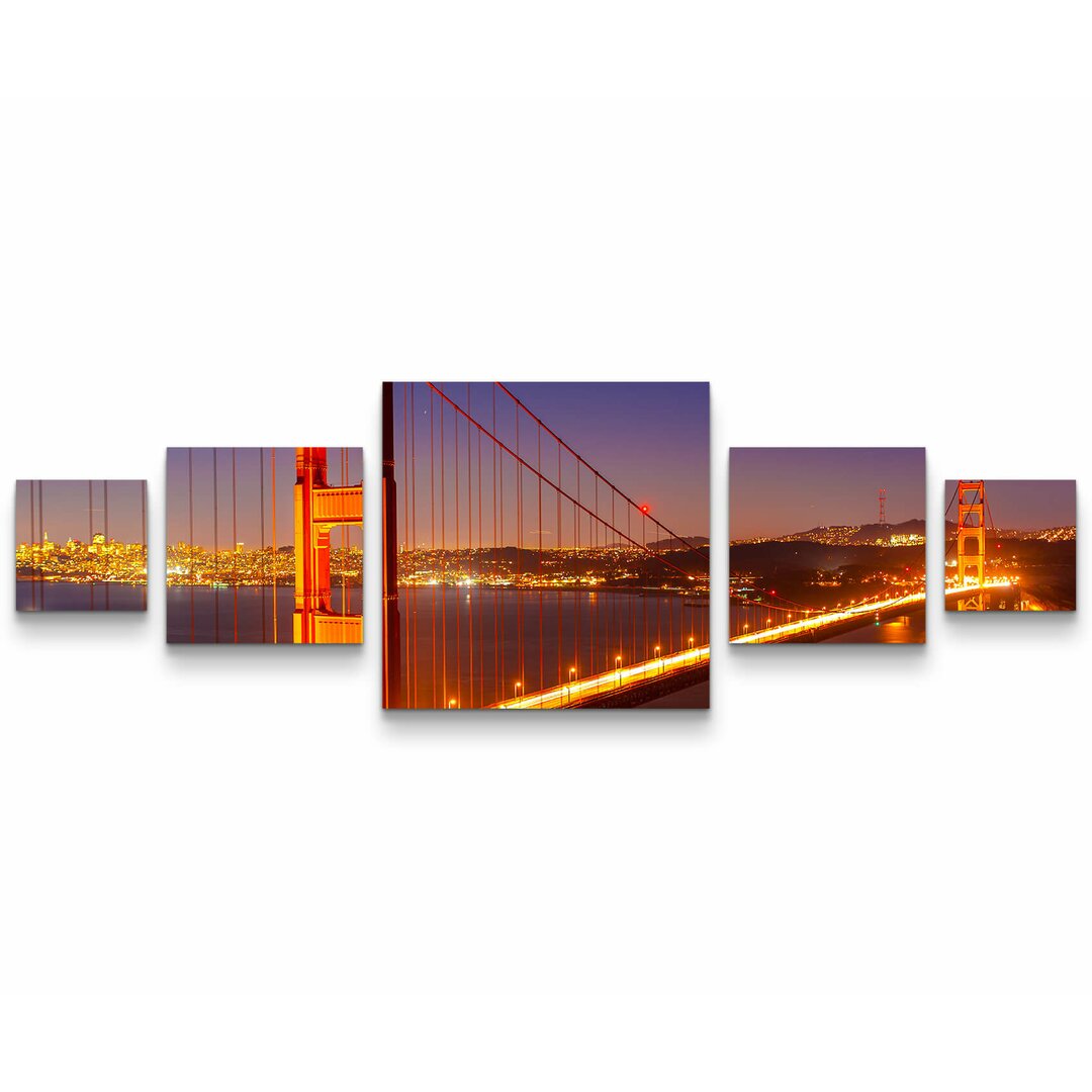 5-tlg. Leinwandbilder-Set Golden Gate Bridge bei Nacht