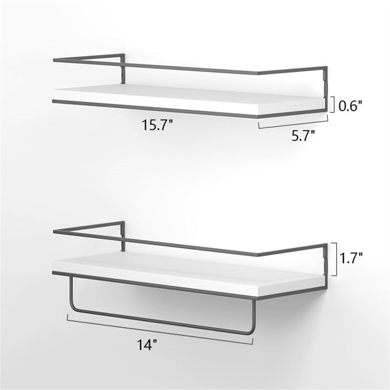 White and Gray Pine Wood Floating Shelves with Metal Towel Rack