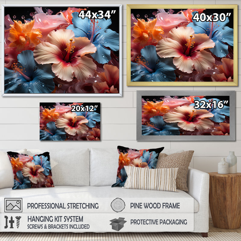 Hibiscus coloré et moderne I - Hibiscus, impressions d'art mural, Cadre flottant doré, H 24 po x l 32 po x P 1 po