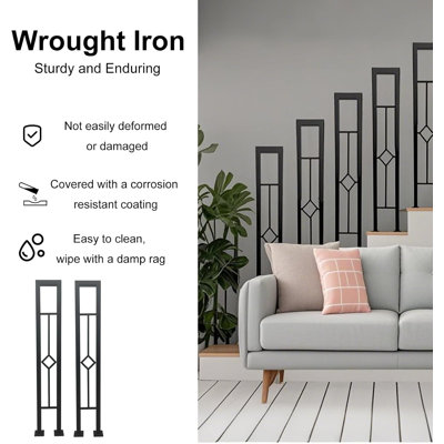 2Pcs U-Shaped Stair Handrail, Matte Black Hand Rail with Rhombus Pattern， 3ft，35.4in, Staircase Handrails, Support Poles, Wrought Iron Outdoor Stair Railing for Porch Deck Loft Garden
