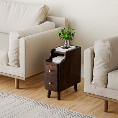 Narrow Nightstand with Drawers, Pre-Assembled Solid Wood Small Skinny Night Stand with Open Sliding Shelf by George Oliver
