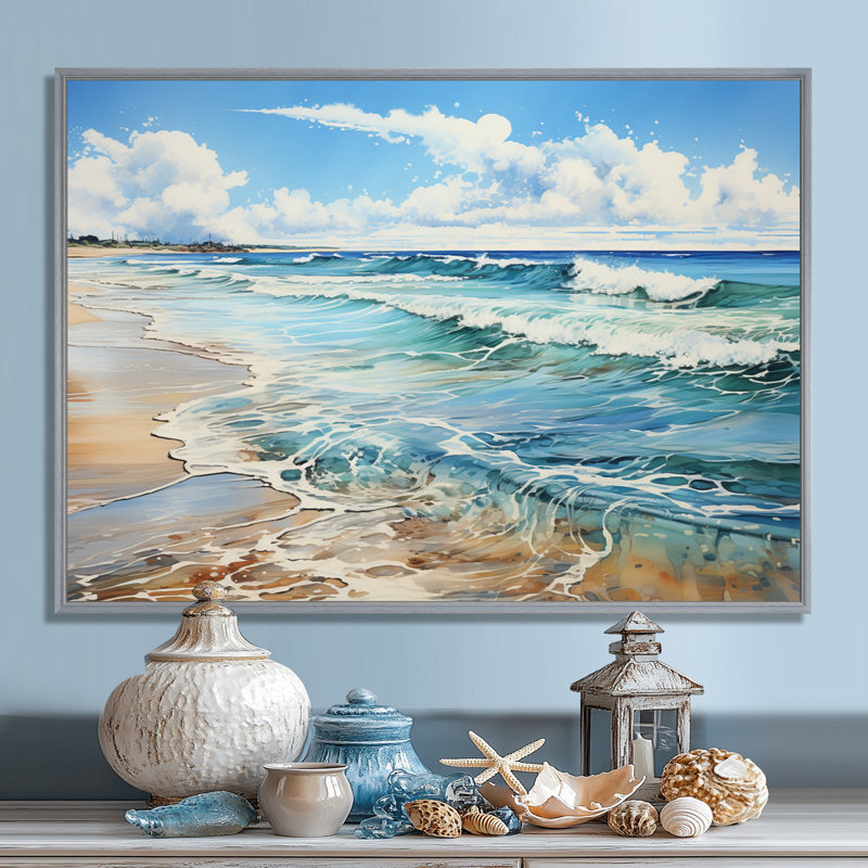 Plage, bord de mer, réflexions, pointillisme I - plage, art mural plage, H 12 po x l 20 po x P 1 po, Encadrement argenté