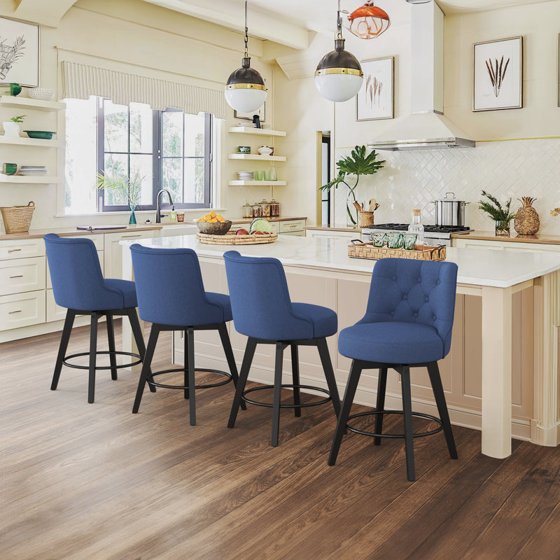Tabouret de comptoir pivotant rembourré Arleine, 100 % lin bleu marine, 4