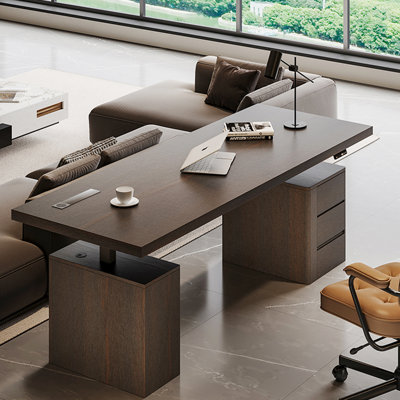 70.87" Italian‑Style Light Luxury Solid Wood Dual‑Motor Height‑Adjustable Desk with Built‑in Power Outlet & Wireless Charging, Smoked Oak and Black Oak Options