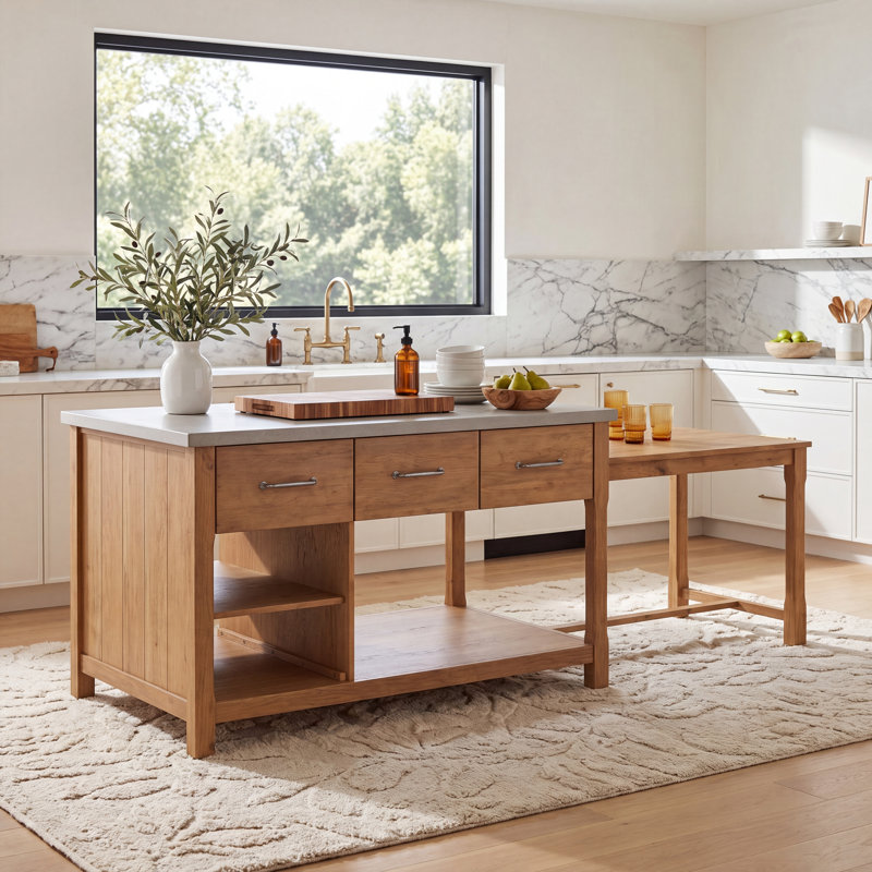 Tinka 3-Drawer Rectangle Pine Kitchen Island, Concrete Veneer, Natural