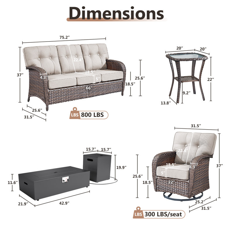 Ensemble de canapé d'extérieur en osier 5 pièces avec table de foyer et chaises pivotantes Agnes, Beige