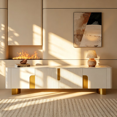 78.74'' Modern Faux Marble TV Stand with Gold Stainless Steel Base and 4 Storage Cabinets