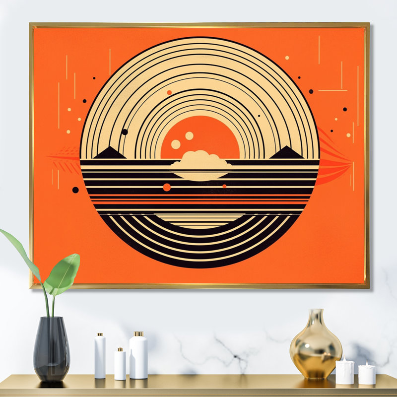 «Orange Sun Sitting Mountain Top I», reproduction sur toile, H 34 po x l 44 po x P 1,5 po, Cadre flottant doré